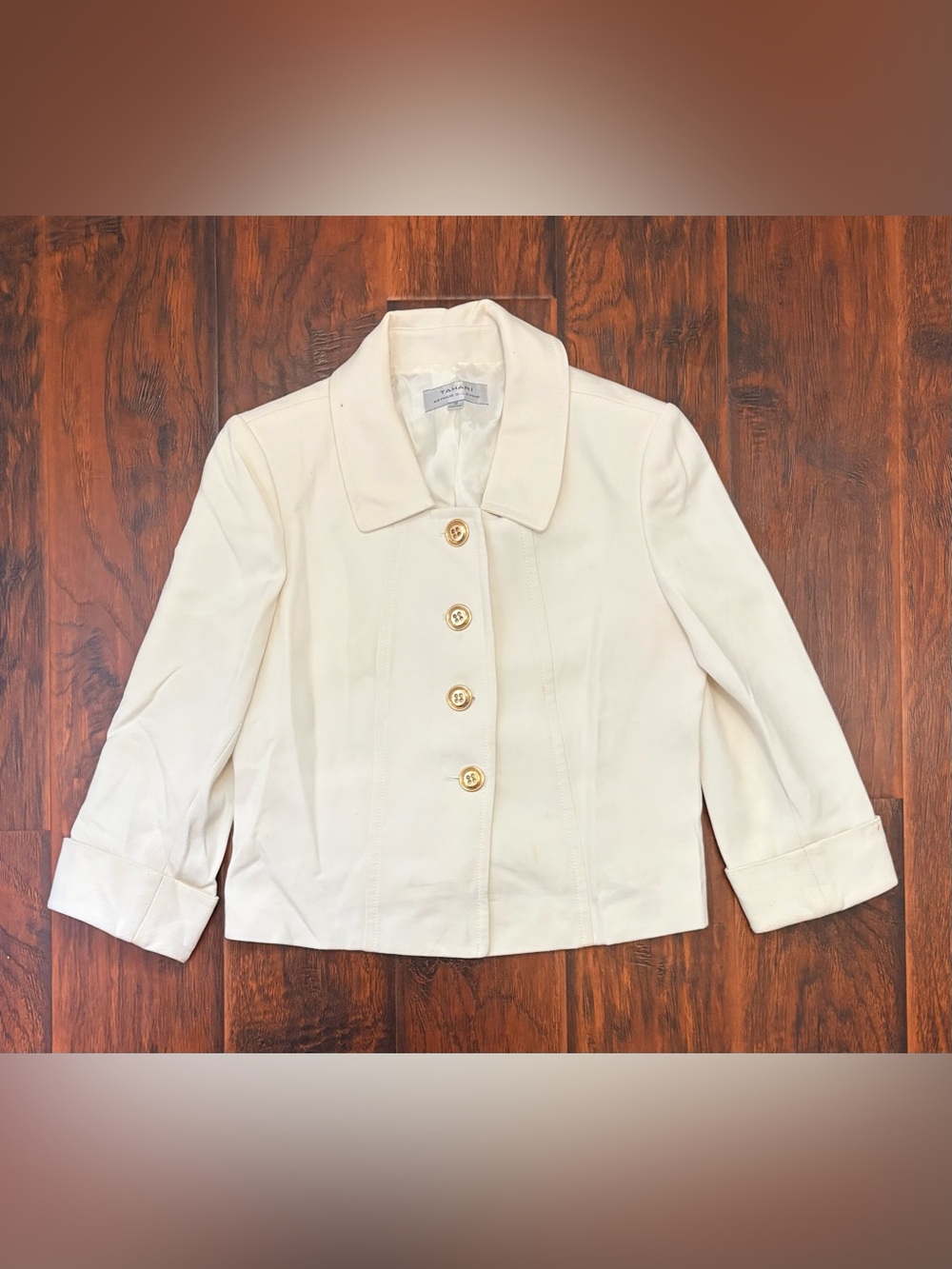 Tahari Arthur S Levine Size 10 Ivory Cream Gold Button Blazer Jacket